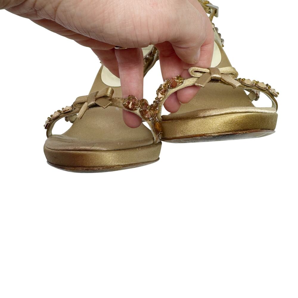 Prada Jeweled Satin Ankle Strap Heels Gold Bow Embellished Sandals 37 - Picture 8 of 10